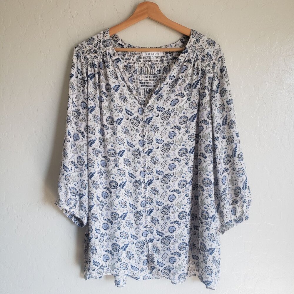 Rose + Olive Floral Smocked V-Neck 3/4 Sleeve Top Cream/Blue Size 2X Whimsical